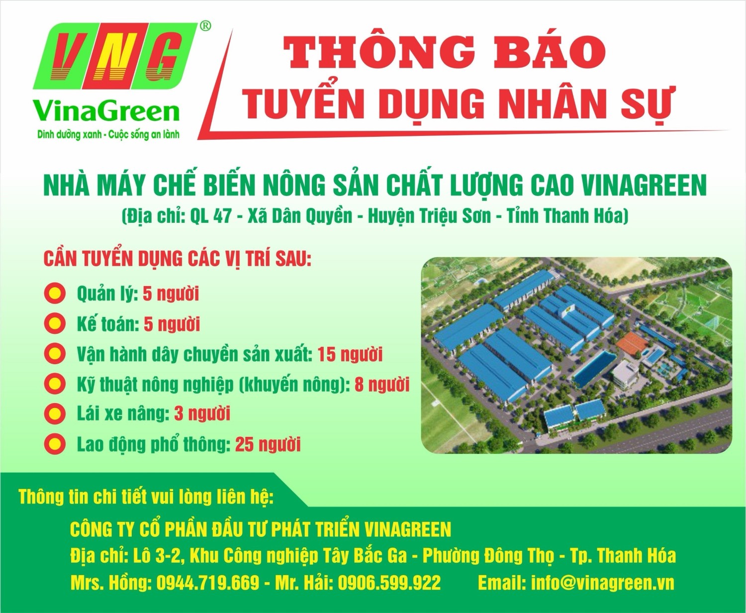 Công ty cổ phần đầu tư phát triển VinaGreen thông báo tuyển dụng nhân sự